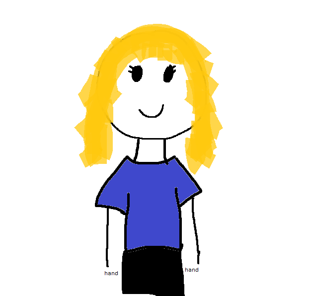 poorly drawn self portrait of author with blonde hair and purple shirt. Hands just say hands, with no hands drawn.